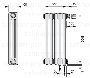 Схема (чертеж) Радиатор Zehnder Charleston 3100/5 №V002 Белый глянцевый RAL 9016